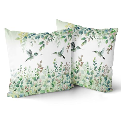 Giwawa Spring Summer Throw Pillow Covers, Sage Green Eucalyptus Leaves Hummingbirds Pillowcases, Double Sided Cuchion Cover for Couch Patio Sofa Bedroom Home Decoration, 18x18 Inch, Set of 2