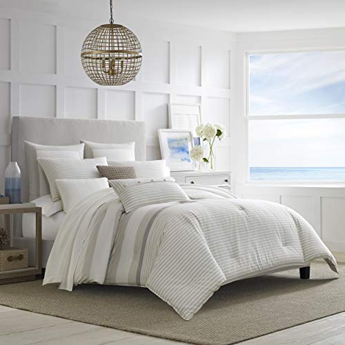 Nautica 100% Cotton Cozy & Soft, Durable & Breathable Striped Reversible Comforter Matching Shams, 3-Piece Bedding Set, Beige/Off White/Grey, Queen