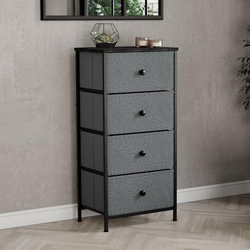 Vida Designs Chorley 4 Drawer Chest Of Drawers Fabric Storage Organizer Unit With Wood Top, Metal Frame & Handles - Ideal For Bedroom, Living Room, Nursery - Grey & Black (UKFR Certified)