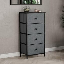 Vida Designs Chorley 4 Drawer Chest Of Drawers Fabric Storage Organizer Unit With Wood Top, Metal Frame & Handles - Ideal For Bedroom, Living Room, Nursery - Grey & Black