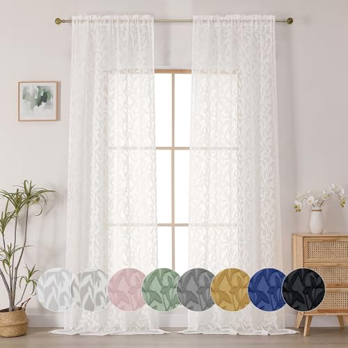 OWENIE Leyna Ivory Sheer Curtains 90 Inches Long for Bedroom 2 Panels Set, Light Filtering Jacquard Clip Textured Long Semi Living Room Curtains, Airy Leaves Rod Pocket Farmhouse Drapery, 40Wx90L Inch