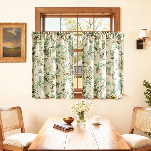 "Leeva Rustic Farmhouse Cafe Curtains for Kitchen, Rod Pocket Small Window Curtains Over Sink, 30"" x 30"", Plants & Birds & Butterfly Print on Beige"