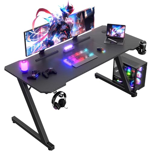 JUMMICO Gaming Desk 140 x 60 cm, Z Shaped Gaming Table Computer Desk PC Gamer Desk for Home Office, Gaming Desk with Headphone Hook, Black