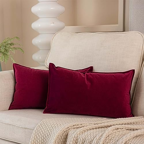 JUSPURBET 14x24 Throw Pillow Covers Set of 2 Decorative Pillow Covers for Couch Sofa Bed Cozy Velvet Lumbar Cushion Covers Cases with Invisible Zipper for Living Room Home Decor,Burgundy
