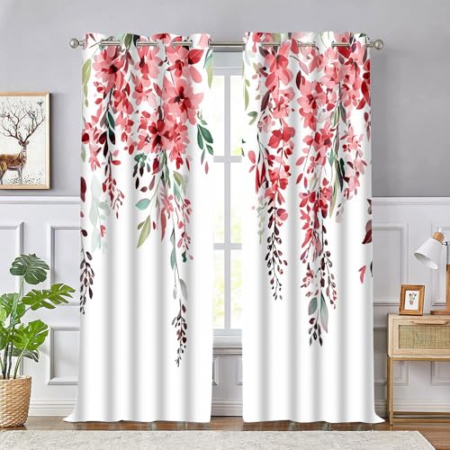 EOTDMS Red Watercolor Floral Curtains 84 inches Long, Botanical Leaves Vine Flowers Rustic Farmhouse Curtains, Blackout Window Treatment Drapes for Bedroom Living Room 42x84inch, 2 Panels