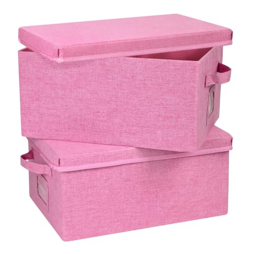 Graciadeco 22.8qt Closet Storage Boxes with Lids Pink Folding Keepsake Storage Bins Stackable Flat Lidded Carboard Storage Contaner for Clothes Barbie Shoes, 2 Pack