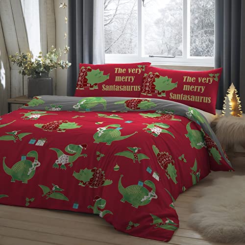 Bedlam Christmas Dinosaur Duvet Cover Double 200x200cm – Reversible Festive Kids Bedding Set with Santasaurus Cartoon – 2 Pillowcases – Xmas Gift for Boys Girls – Soft Easy Care