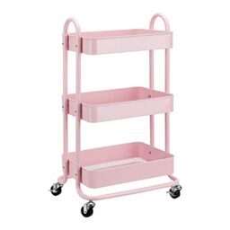 Amazon Basics Kitchen Trolley with 3 Shelves and 360 Degree Swivel Wheels for Indoor and Outdoor Use, Dusky Pink, Metal