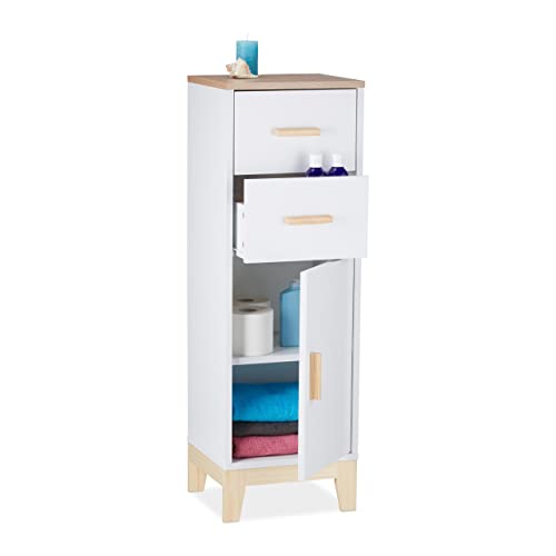 Relaxdays Bathroom Cabinet, 2 Drawers, Door Compartment, HxWxD: 97.5 x 32 x 28 cm, Niches & Hallway, Storage Unit, White