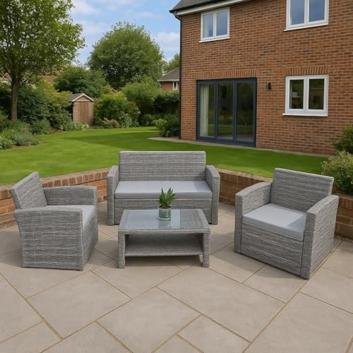 4 Seater Rattan Garden Furniture Set – 2 Chairs, Loveseat Sofa, Coffee Table For Indoor Outdoor Patio Set with Cushions, Tempered Glass Table Lounge Seating