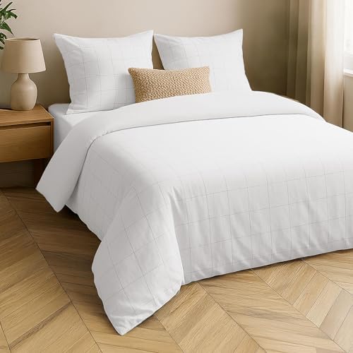 Douceur d'Intérieur, Fitted Sheet (140 x 190 cm) Linella White, 100% Washed Cotton