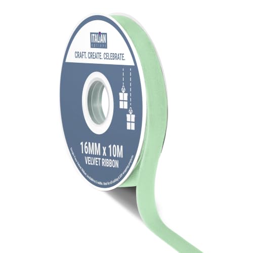 Italian Options Velvet Ribbon, Luxury, Single-Face Velvet Ribbon for Crafting, Christmas, Bows, Hair, Cakes, Weddings, Ornaments, Gift Wrapping, Flowers, 16mm x 10 Metre Roll, Sage Green