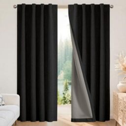 Joydeco 100% Blackout Curtains 63 inches Long Black Curtains Linen Drapes 2 Panels Set Burg for Bedroom Living Room Black Out Darkening Curtain Thermal Insulated Back tab Rod Pocket(37x63inch,Black)