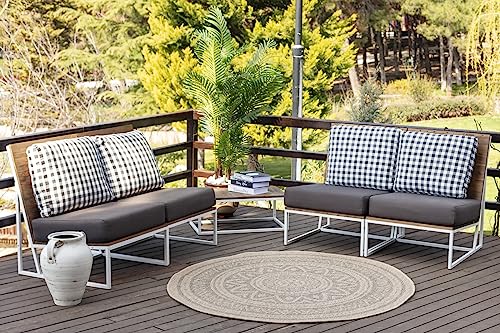 Livabliss Nova Outdoor Round Carpet Runner 160x160 cm, Boho Pattern for Living Room, Hallway & Dining, Waterproof Stain Durable, Beige Grey