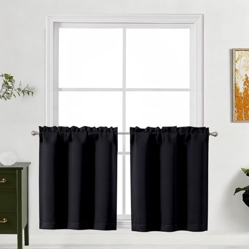 "Lecloud Black Kitchen Curtains 24 Inch Length 2 Pcs, Privacy Modern Blackout Curtain, Thermal Window Treatments Drapes with Rod Pockets for Cafe Bedroom Cabinet Camper, Each Panel 30"" W x 24"" L"