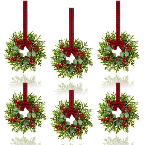 6 Pcs Small Christmas Wreath - Mini Wreaths with Red Berry Pine Eucalyptus Christmas Wreaths for Door Kitchen Cabinets Window Fireplaces Decor