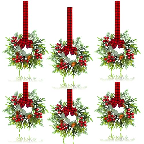 6 Pcs Small Christmas Wreath - Mini Wreaths with Red Berry Pine Eucalyptus Christmas Wreaths for Door Kitchen Cabinets Window Fireplaces Decor