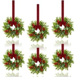 6 Pcs Small Christmas Wreath - Mini Wreaths with Red Berry Pine Eucalyptus Christmas Wreaths for Door Kitchen Cabinets Window Fireplaces Decor