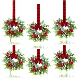6 Pcs Small Christmas Wreath - Mini Wreaths with Red Berry Pine Eucalyptus Christmas Wreaths for Door Kitchen Cabinets Window Fireplaces Decor