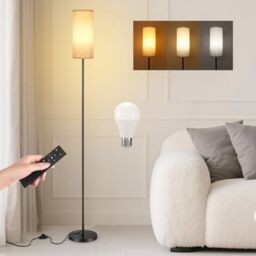 Floor Lamp for Living Room, 12W Modern Standing Lamp with Beige Linen Lampshade, Magnetic Remote Control and Foot Switch, Stepless Dimmable Brightness, 3 Colour Temperatures, 171cm
