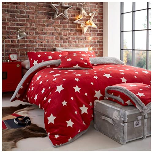GC GAVENO CAVAILIA Premium Soft & Cosy Warm Thermal Quilt Bed Set, Easy Care Fluffy Fleece Teddy Star Duvet Cover, Red, Double