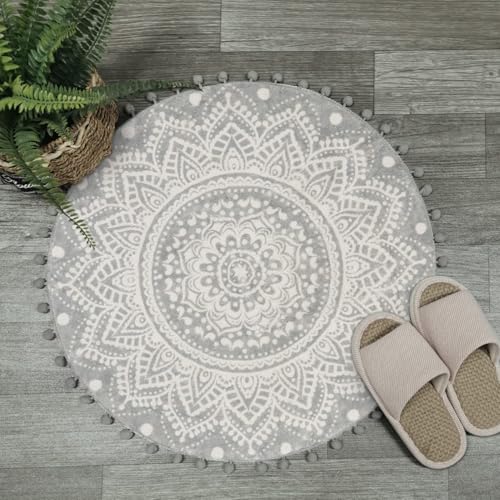 Uphome Round Boho Bath Rug 2.7 Inch Diameter with Pompom Ball Fringe Vintage Mandala Velvet Accent Throw Rug Soft Non-Slip Round for Bedroom Living Room Grey and Cream