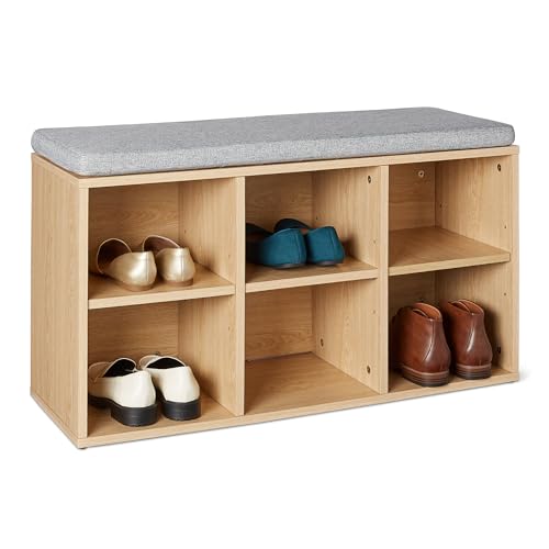 Amazon Basics Shoe Storage Bench with Seat for Indoor and Entryway, 6 Compartments, Adjustable Shelves, 87 x 30 x 48 cm, Oak