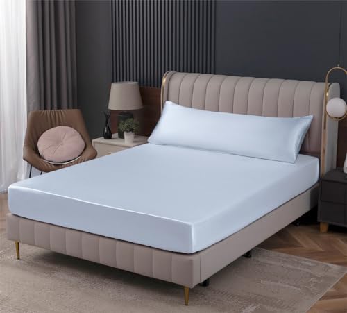 Homiest Baby Blue Satin Fitted Sheet, Queen Deep Pocket Only - Lustrous Polyester, Protects Hair And Reduces Wrinkles, Fade Resistant, Fully Elasticized For Secure Fit, Machine Washable