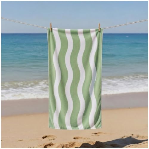 GC GAVENO CAVAILIA Wavy Stripe Beach Towels - Soft Microfibre Pool Towel, Highly Absorbent & Sand-Free - Lightweight Travel Beach Towel Quick Dry for Women & Men - (70 x 152 Cm) - Sage Green