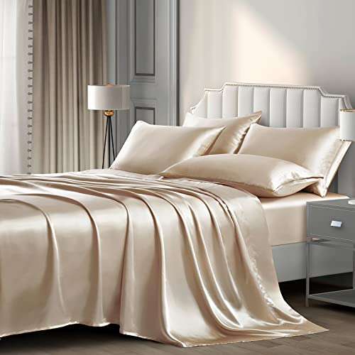 P Pothuiny 6-Piece Silk Soft Satin Bedding Set: 1 High Edge Sheet + 1 Flat Sheet + 4 Pillowcases, Full, Gray-Brown