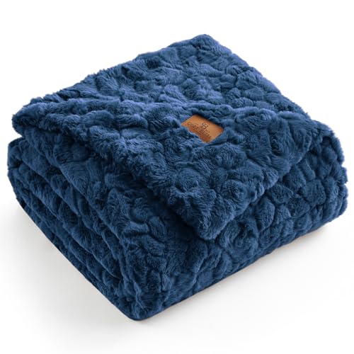 Cozy Bliss Faux Fur Throw Blanket for Couch, Fuzzy Soft Plush Thick Warm Fluffy Reversible Wave Textured Blanket for Sofa Bedroom Living Room, 55 * 70 Inches Navy Blue