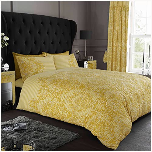 GC GAVENO CAVAILIA Empire Damask Duvet Cover, Soft & Cosy Floral Bedding, Luxury Reversible Paisley Printed Quilt Set, Double, Ochre