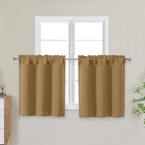 "OWENIE Gold Short Blackout Curtains Tier 24 Inch Length, Small Kitchen Curtain Rod Pocket Privacy Half Window Curtains for Bathroom Basement Cabinet Camper RV Bunk, 2 Panels, Each 30"" Wx24 L"
