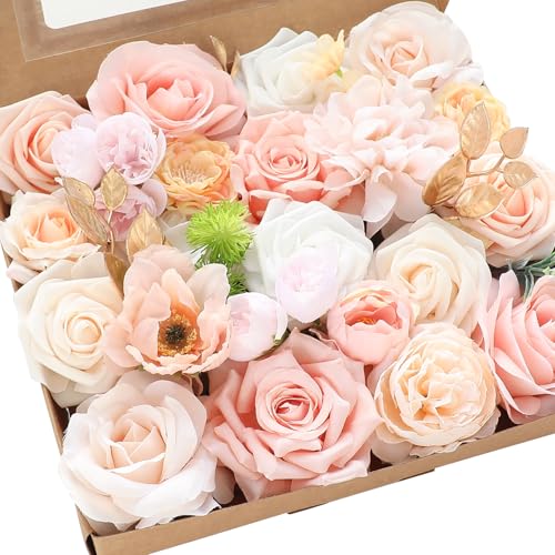 Floroom Blush Peach Pink Artificial Flowers Cream Fake Roses Peonies and Greenery Combo Box Set for DIY Wedding Bouquets Bridal Shower Centerpieces Floral Arrangements Party Tables Home Decorations
