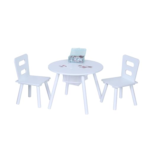 Relaxdays children's seating set, kids' table with 2 chairs, storage space, for boys and girls, kids' corner, MDF, white