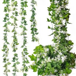 Mavee 4 Pcs 7.2 Feet Artificial Flower Vine Silk Wisteria Garland Hanging Rattan with Ivy Leaf for Wedding Home Decor (White)