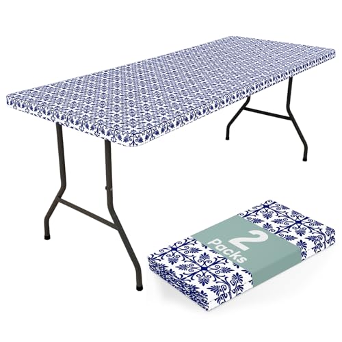 "misaya 2 Pack 5 Foot Rectangle Picnic Tablecloth, Elastic Fitted Waterproof Table Cover, Windproof Washable Polyester Table Cloth for Camping, Indoor and Outdoor???Navy, 30""x 60"""