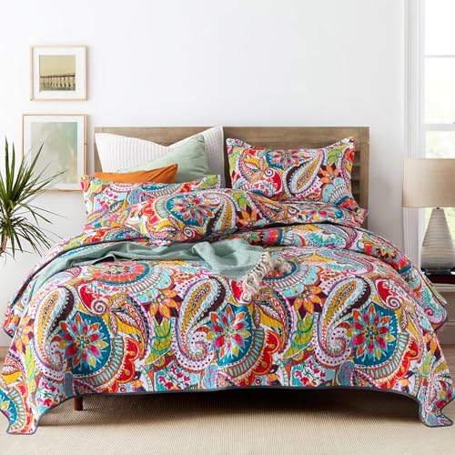 "Qucover Cotton Twin Quilts Sets, 2 Piece Multicolor Paisley Pattern Red, Orange, Blue Twin Quilt Bedspread Set with Pillow Shams, 68""x86"""