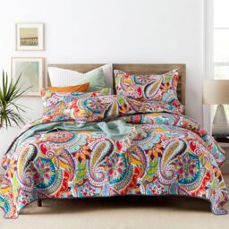 "Qucover Cotton Twin Quilts Sets, 2 Piece Multicolor Paisley Pattern Red, Orange, Blue Twin Quilt Bedspread Set with Pillow Shams, 68""x86"""