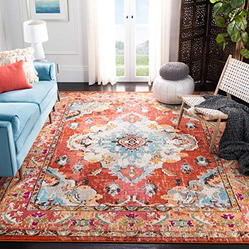 Safavieh Boho Rug for Living Room, Dining Room, Bedroom - Monaco Collection, Short Pile, in Orange and Light Blue, 66 X 122 cm