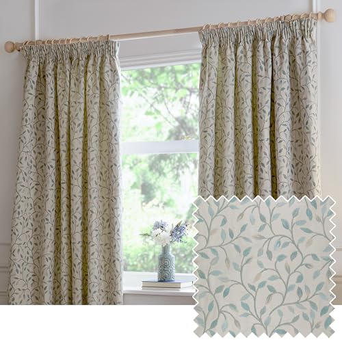 Voyage Maison Cervino Pencil Pleat Curtain Pair – Country Heritage Floral Leaf Woven Jacquard Lined Room Darkening Drapes (Duck Egg - 117x183cm)