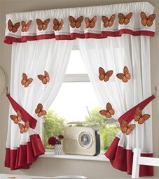 Butterflies Pencil Pleat Kitchen Curtains and Tiebacks, White/Orange, 66 x 48-Inch