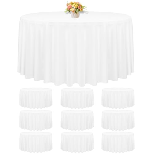 FXKS 10 Pack White Round Tablecloth 120 inch Circle Polyester Table Cloth, Stain and Wrinkle Resistant Table Cover, Washable Fabric Round Table Clothes for Wedding Banquet Party Restaurant Dining