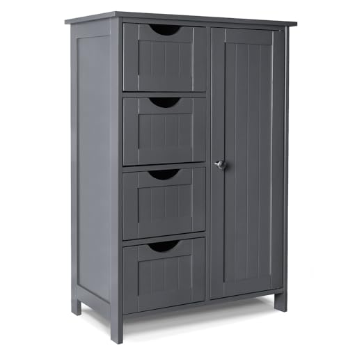 VOUNOT® Bathroom Floor Storage Cabinet, Freestanding Storage Unit with Adjustable Shelf, 4 Drawers & Door, for Bedroom, Kitchen, Living Room, Entryway, Grey