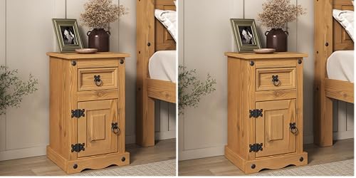 Corona 1 Door 1 Drawer Bedside Table Cabinet Mexican Solid Pine (Pack of 2)