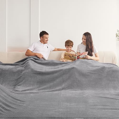 Oversized King Fleece Blanket 120x120 Inches, Seamless Soft Cozy 3D Jacquard Flannel Blanket 10'x10' Extra Large for Bed, Sofa, Couch, Travel & Camping, California King Throw, Light Grey Leaf