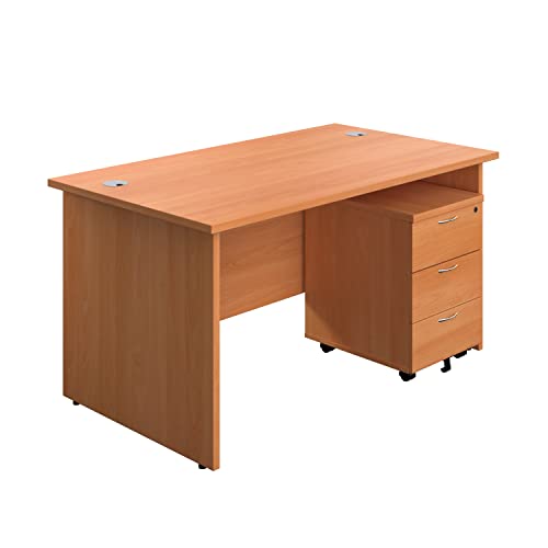 Office Hippo Panel Desk with 2 Mobile Storage Including Filing Drawer, A4, Foolscap, Engineered Wood, Beech, 140 x 80 x 73 cm
