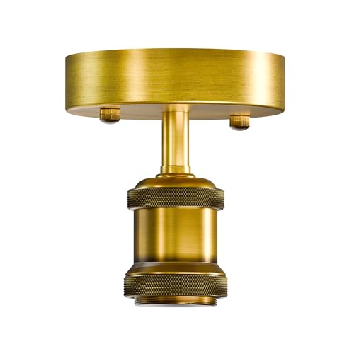 DC VOLTAGE Industrial Semi Flush Mount Ceiling Light Yellow Brass E27 Lamp Holder Retro Single Head Ceiling Pendant Light Fitting for Living Room Dining Room