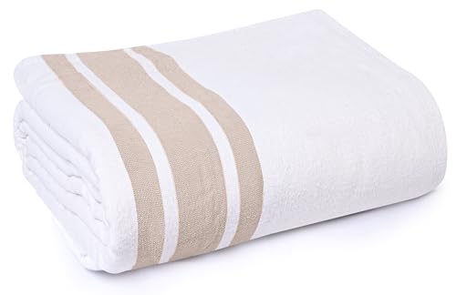 Linteum Textile Cotton Blended Hospital Patient Bath Blanket, Bed Bath Sheet, Twin Blanket Lightweight Sheet Blankets 70x90 in, 1.75 lb. White with Beige Stripes