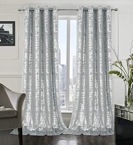 always4u Soft Velvet Curtains 108 Inch Length Long Luxury Bedroom Curtains Silver Foil Print Window Treatments for Living Room Set of 2 Silver